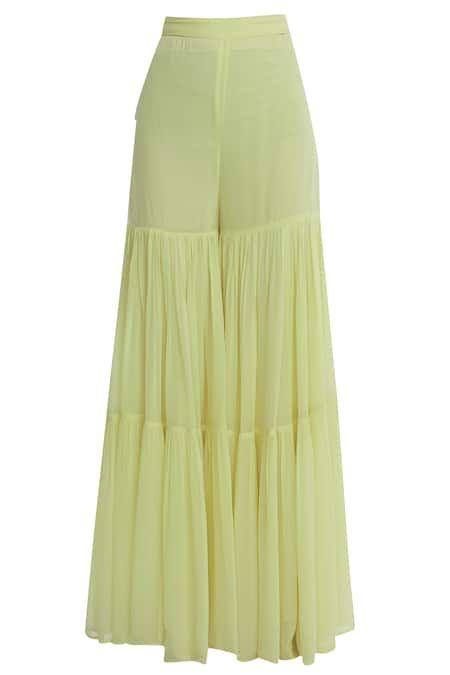 Shop_Esha Koul_Yellow Net, Georgette U Neckline Embroidered Kurta Sharara Set _Online_at_Aza_Fashions