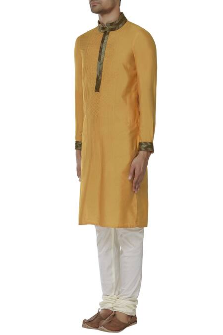 Buy_Unit By Rajat Suri_Yellow Katan Silk Embroidered Kurta_Online_at_Aza_Fashions