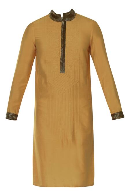 Shop_Unit By Rajat Suri_Yellow Katan Silk Embroidered Kurta_Online_at_Aza_Fashions