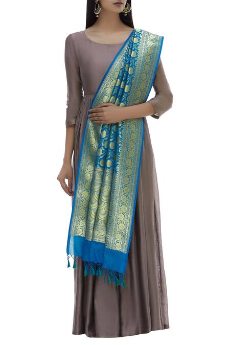 Buy_Samyukta Singhania_Blue Raw Silk Banarasi Dupatta_Online_at_Aza_Fashions