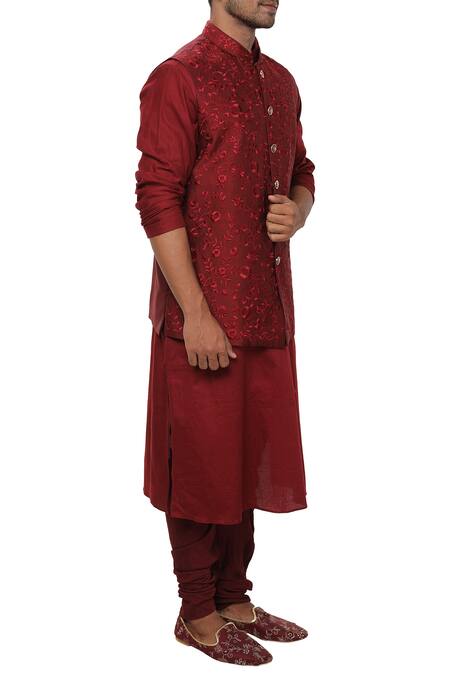 Smriti By Anju Agarwal Red Cotton , Bamberg Floral Embroidered Bundi And Kurta Set Online at Aza Fashions Smriti By Anju Agarwal_Red Cotton , Bamberg Floral Embroidered Bundi And Kurta Set _Online_at_Aza_Fashions