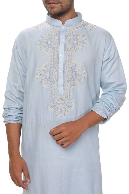 Smriti By Anju Agarwal Blue Cotton Silk Embroidered Kurta Set Online at Aza Fashions Smriti By Anju Agarwal_Blue Cotton Silk Embroidered Kurta Set _Online_at_Aza_Fashions