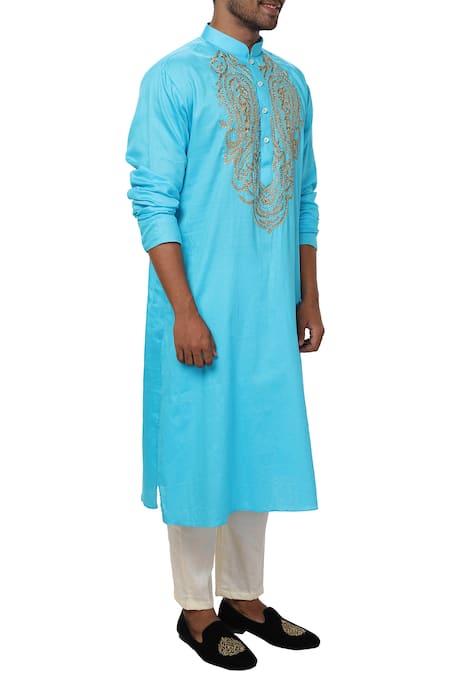 Smriti By Anju Agarwal Blue Cotton , Bambar Embroidered Kurta Set Online at Aza Fashions Smriti By Anju Agarwal_Blue Cotton , Bambar Embroidered Kurta Set _Online_at_Aza_Fashions