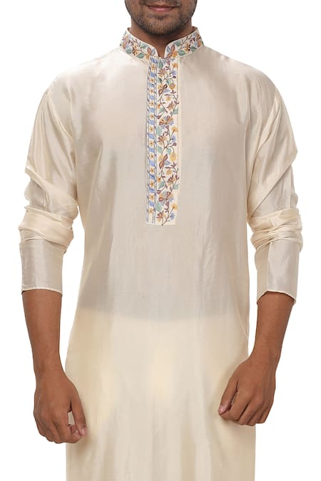 Buy_Smriti By Anju Agarwal_Cream Cotton Silk Kurta Set_Online_at_Aza_Fashions