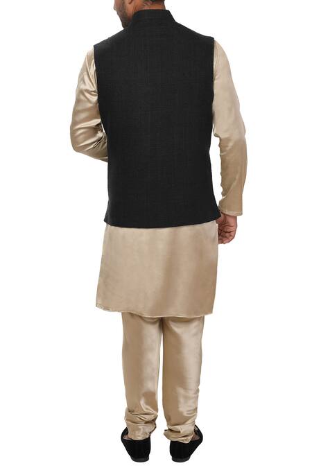 Shop Smriti By Anju Agarwal Black Satin, Jute Bundi Kurta Set at Aza Fashions Shop_Smriti By Anju Agarwal_Black Satin, Jute Bundi Kurta Set_at_Aza_Fashions