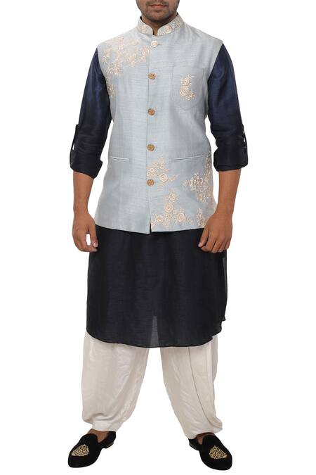 Smriti By Anju Agarwal Blue Raw , Cotton Embroidered Bundi Kurta Set Online at Aza Fashions Smriti By Anju Agarwal_Blue Raw , Cotton Embroidered Bundi Kurta Set _Online_at_Aza_Fashions