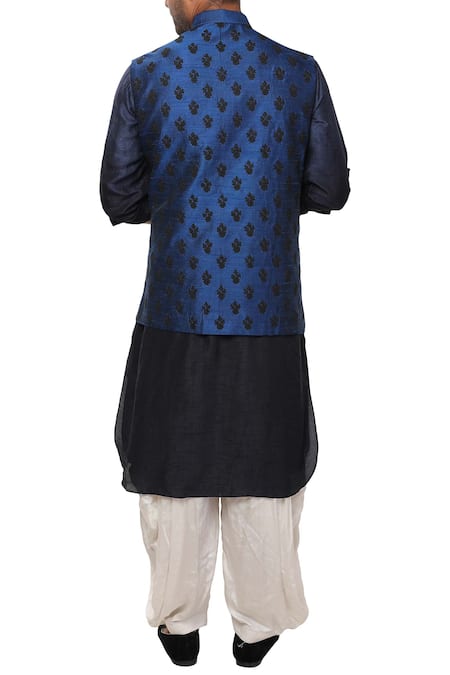 Shop Smriti By Anju Agarwal Blue Raw , Cotton Embroidered Bundi Kurta Set at Aza Fashions Shop_Smriti By Anju Agarwal_Blue Raw , Cotton Embroidered Bundi Kurta Set _at_Aza_Fashions