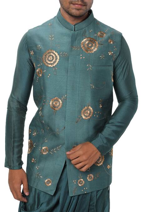 Smriti By Anju Agarwal_Green , Cotton , Bamber Embroidered Bundi Kurta Set_Online_at_Aza_Fashions