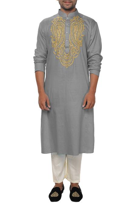 Smriti By Anju Agarwal Grey Cotton Silk Embroidered Kurta Set 