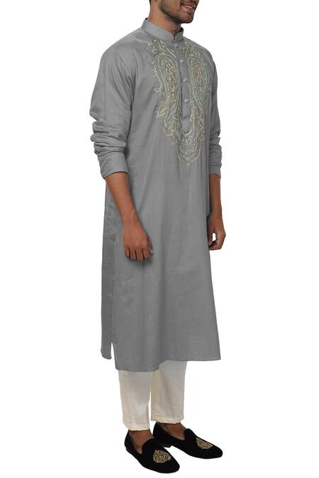 Smriti By Anju Agarwal Grey Cotton Silk Embroidered Kurta Set Online at Aza Fashions Smriti By Anju Agarwal_Grey Cotton Silk Embroidered Kurta Set _Online_at_Aza_Fashions