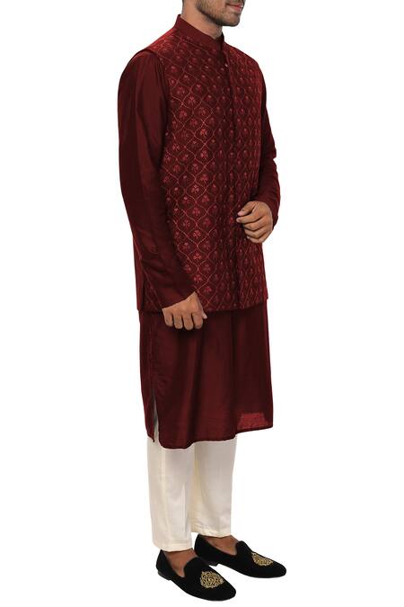 Smriti By Anju Agarwal Maroon Cotton , Bambar Embroidered Bundi Kurta Set Online at Aza Fashions Smriti By Anju Agarwal_Maroon Cotton , Bambar Embroidered Bundi Kurta Set_Online_at_Aza_Fashions