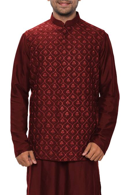 Buy Smriti By Anju Agarwal Maroon Cotton , Bambar Embroidered Bundi Kurta Set Online at Aza Fashions Buy_Smriti By Anju Agarwal_Maroon Cotton , Bambar Embroidered Bundi Kurta Set_Online_at_Aza_Fashions