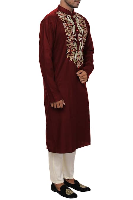 Smriti By Anju Agarwal_Maroon Cotton Silk Embroidered Kurta Set_Online_at_Aza_Fashions