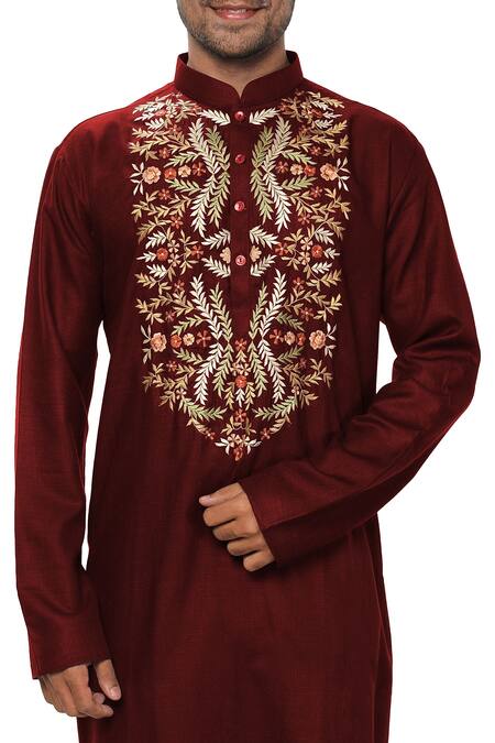 Buy_Smriti By Anju Agarwal_Maroon Cotton Silk Embroidered Kurta Set_Online_at_Aza_Fashions