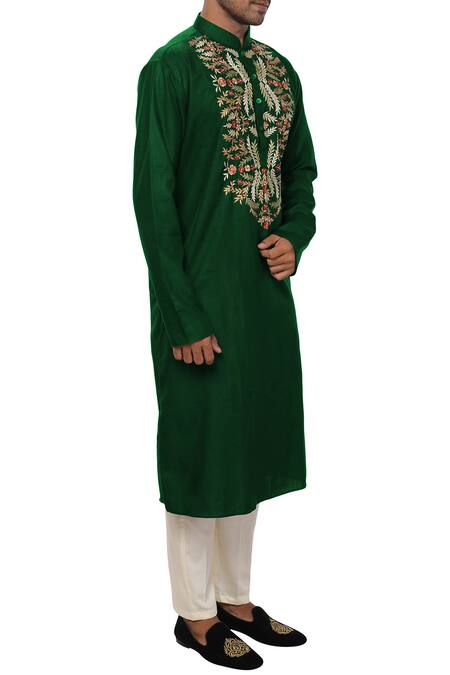 Smriti By Anju Agarwal_Green Cotton Silk Embroidered Kurta Set_Online_at_Aza_Fashions