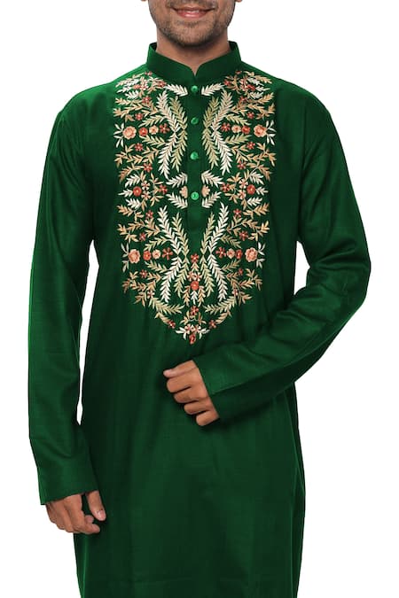 Buy_Smriti By Anju Agarwal_Green Cotton Silk Embroidered Kurta Set_Online_at_Aza_Fashions
