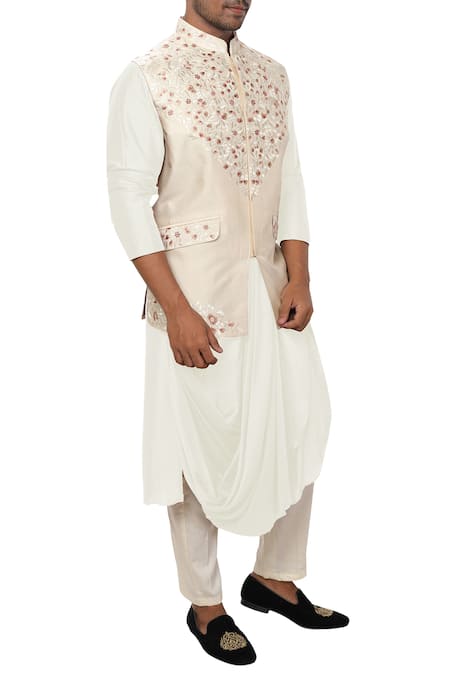 Smriti By Anju Agarwal_Off White , Cotton Bundi Kurta Set_Online_at_Aza_Fashions