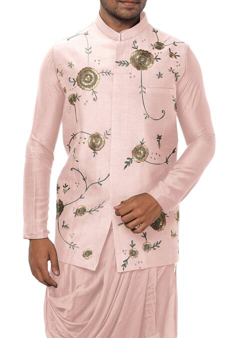 Buy_Smriti By Anju Agarwal_Pink , Cotton , Bambar Draped Kurta And Bundi Set_Online_at_Aza_Fashions