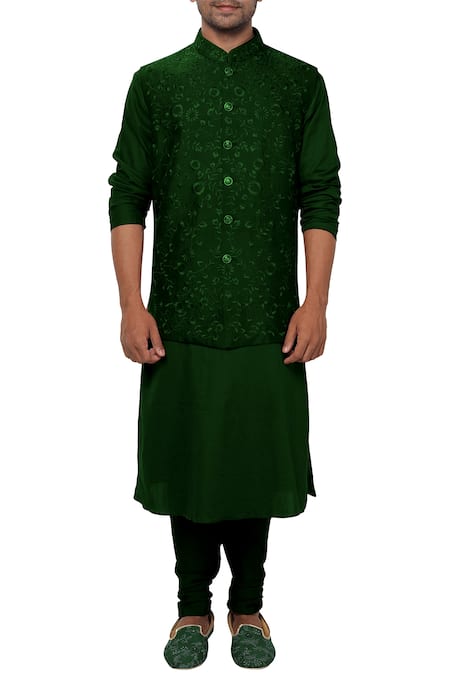 Smriti By Anju Agarwal Green Cotton , Bambar Embroidered Bundi Kurta Set 