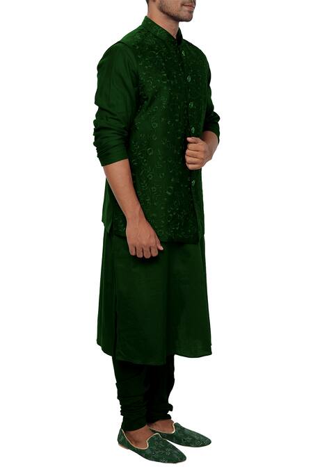Smriti By Anju Agarwal Green Cotton , Bambar Embroidered Bundi Kurta Set Online at Aza Fashions Smriti By Anju Agarwal_Green Cotton , Bambar Embroidered Bundi Kurta Set _Online_at_Aza_Fashions