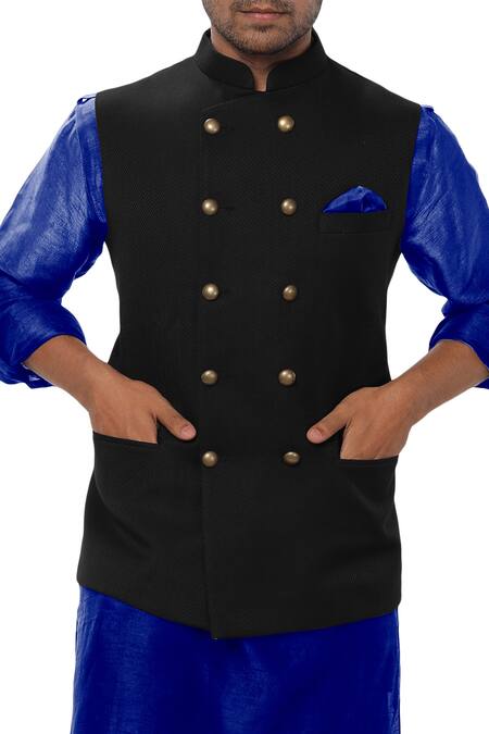 Buy_Smriti By Anju Agarwal_Black Cotton Silk, Terrycot Suiting Bundi Kurta Set_Online_at_Aza_Fashions