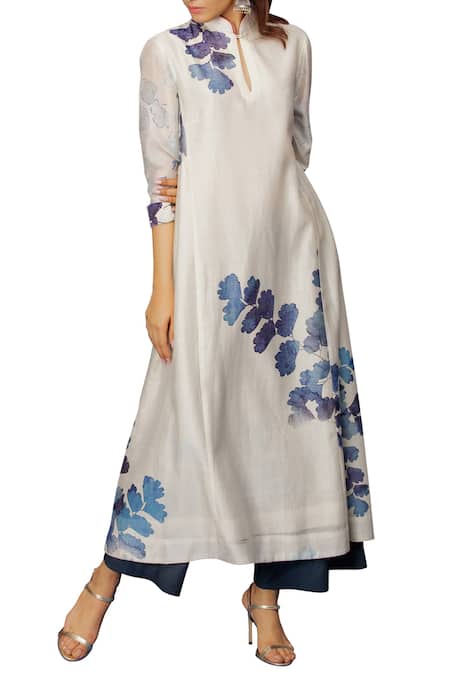 Buy_Anju Modi_Blue Chanderi Printed Kurta Set_Online_at_Aza_Fashions