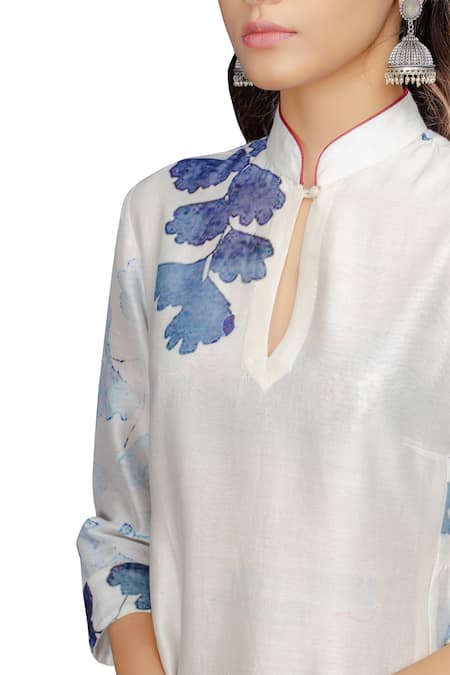 Shop_Anju Modi_Blue Chanderi Printed Kurta Set_Online_at_Aza_Fashions