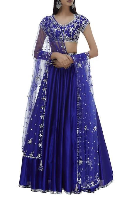 Preeti S Kapoor Blue Dupion Diamond Neck Embellished Lehenga Set 