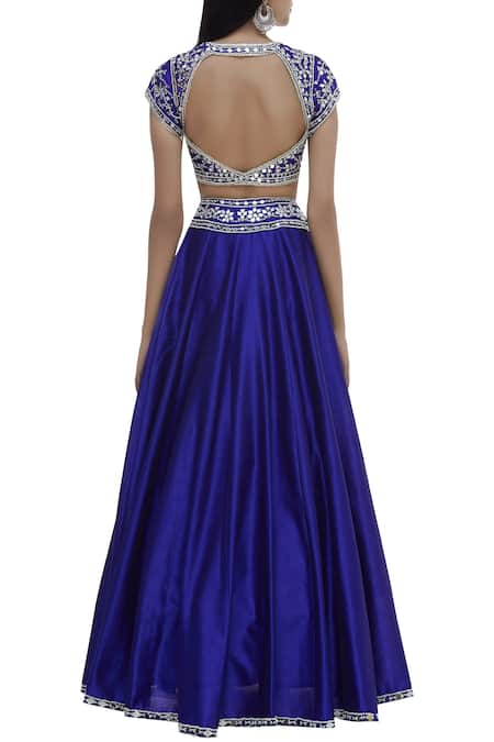 Shop_Preeti S Kapoor_Blue Dupion Diamond Neck Embellished Lehenga Set _at_Aza_Fashions