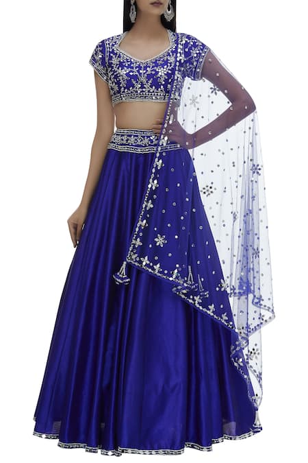 Preeti S Kapoor_Blue Dupion Diamond Neck Embellished Lehenga Set _Online_at_Aza_Fashions