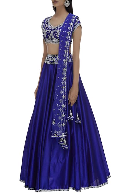 Buy_Preeti S Kapoor_Blue Dupion Diamond Neck Embellished Lehenga Set _Online_at_Aza_Fashions