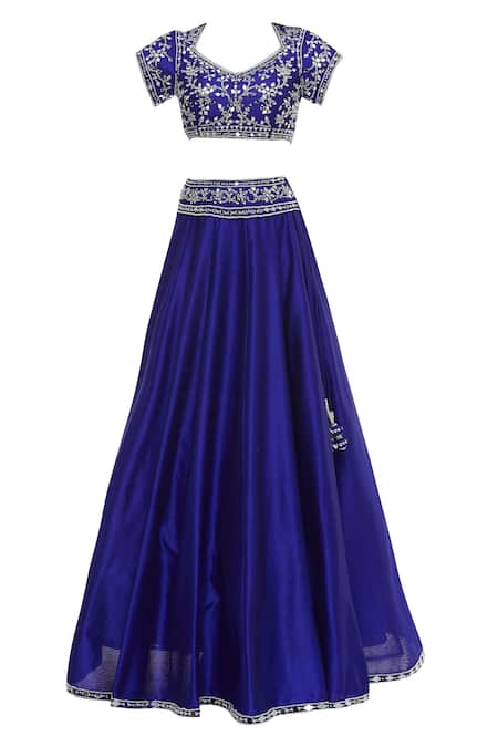 Shop_Preeti S Kapoor_Blue Dupion Diamond Neck Embellished Lehenga Set _Online_at_Aza_Fashions