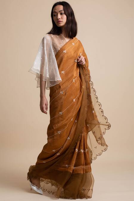 Buy_Kanelle_Yellow Handloom Linen Embroidered Saree_Online_at_Aza_Fashions