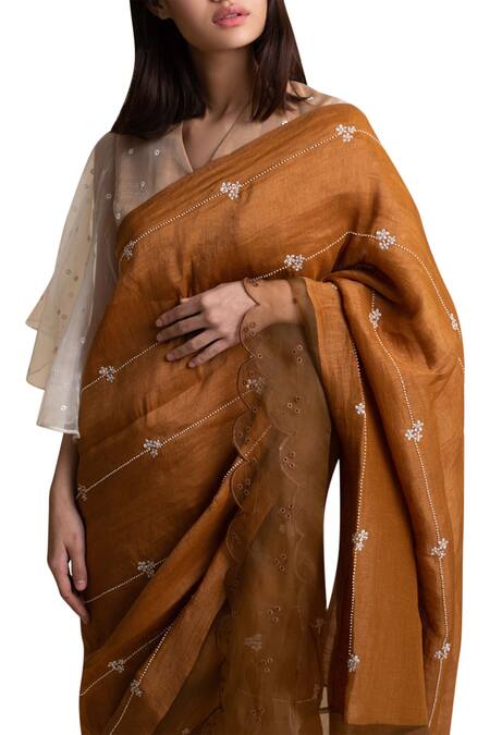 Shop_Kanelle_Yellow Handloom Linen Embroidered Saree_Online_at_Aza_Fashions