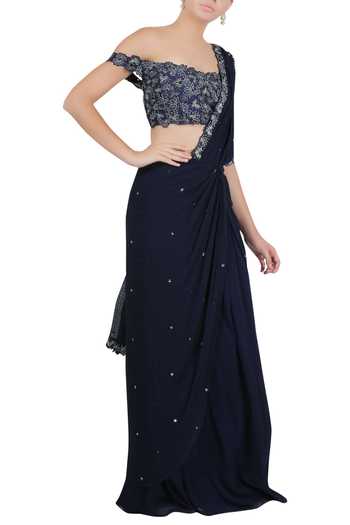 Vaarha_Blue Georgette Pre-draped Saree With Blouse_Online_at_Aza_Fashions