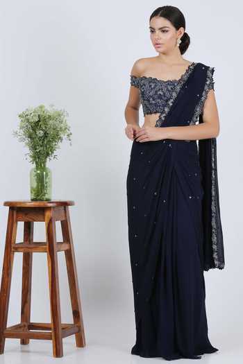 Buy_Vaarha_Blue Georgette Pre-draped Saree With Blouse_Online_at_Aza_Fashions