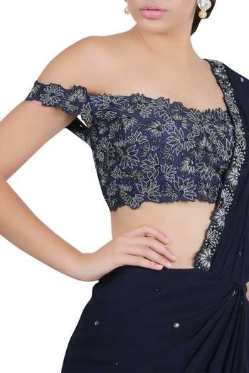Shop_Vaarha_Blue Georgette Pre-draped Saree With Blouse_Online_at_Aza_Fashions