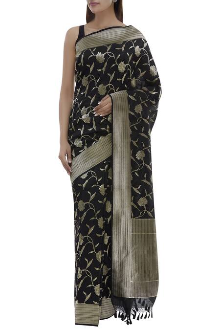 Ekaya Banaras Black Silk Banarasi Saree With Running Blouse Online at Aza Fashions Ekaya Banaras_Black Silk Banarasi Saree With Running Blouse_Online_at_Aza_Fashions