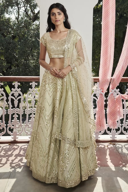 Buy Gold Chanderi V Neck Embroidered Bridal Lehenga Set For Women by Abhinav  Mishra Online at Aza Fashions.