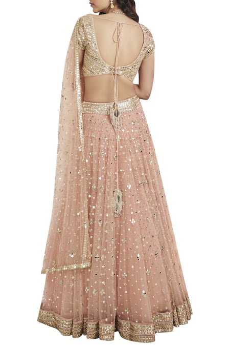 Shop_Abhinav Mishra_Peach Raw Silk, Net U Neckline Embroidered Lehenga Set_at_Aza_Fashions