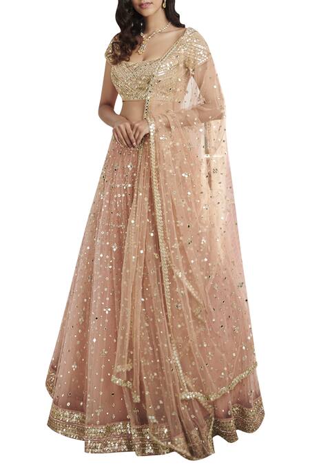 Abhinav Mishra_Peach Raw Silk, Net U Neckline Embroidered Lehenga Set_Online_at_Aza_Fashions