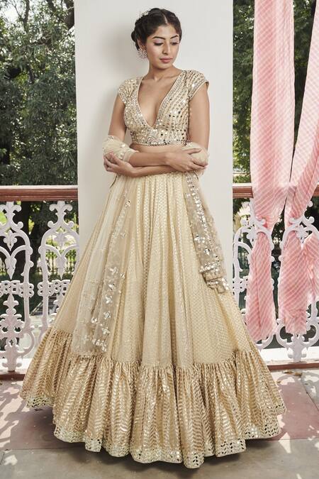 Abhinav Mishra Beige Raw Silk Chanderi Lehenga Set