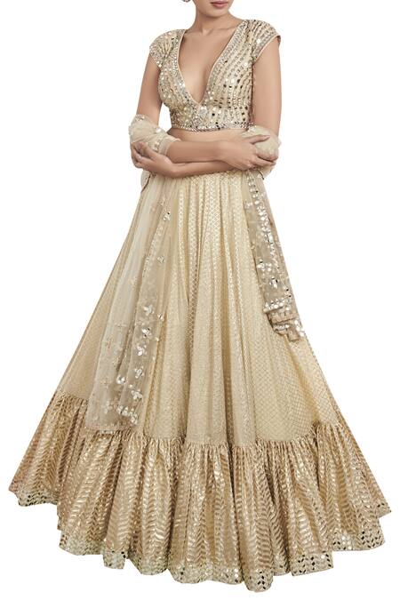 Abhinav Mishra_Beige Raw Silk Chanderi Lehenga Set_Online_at_Aza_Fashions