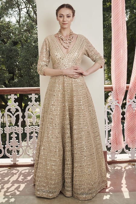 Abhinav Mishra Peach Net Embroidered Gown