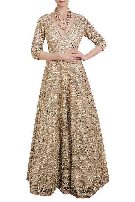 Shop_Abhinav Mishra_Peach Net Embroidered Gown_at_Aza_Fashions