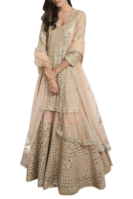 Shop Abhinav Mishra Peach Net U Neckline Mirror Embroidered Kurta Lehenga Set at Aza Fashions Shop_Abhinav Mishra_Peach Net U Neckline Mirror Embroidered Kurta Lehenga Set_at_Aza_Fashions