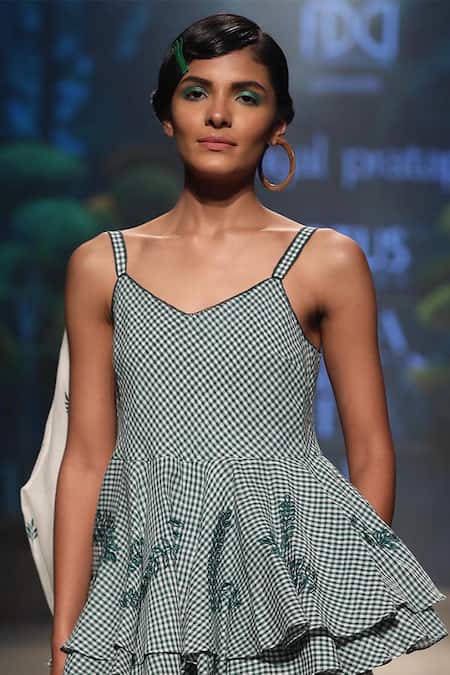 Payal Pratap_Green Linen V Neck Embroidered Top _Online_at_Aza_Fashions