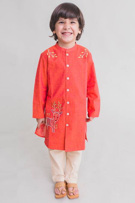 Tiber Taber Peach Cotton Button Front Kurta Set 