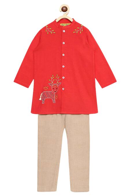 Tiber Taber_Peach Cotton Button Front Kurta Set _Online_at_Aza_Fashions