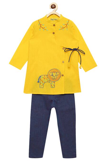 Tiber Taber_Blue Cotton Angrakha Kurta With Pants _Online_at_Aza_Fashions